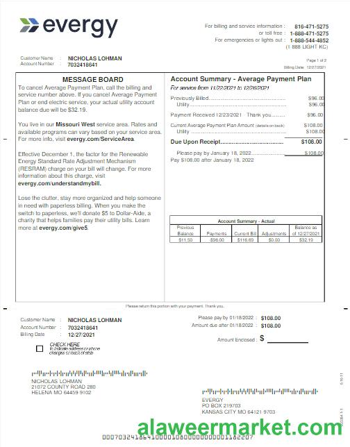 USA EVERGY utility bill Word and PDF template